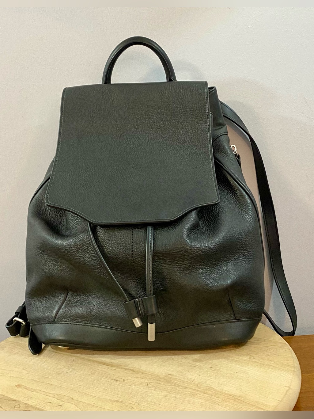 Rag & Bone Pilot Black Leather Backpack Flap Drawstring Top Handle Classic Read*